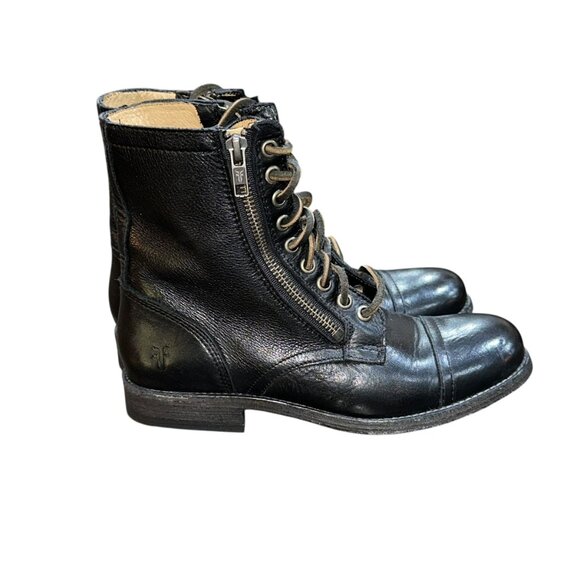 FRYE Tyler Double Zip Leather Combat Moto Laced Ankle Boots Black 6.5 - Picture 2 of 13